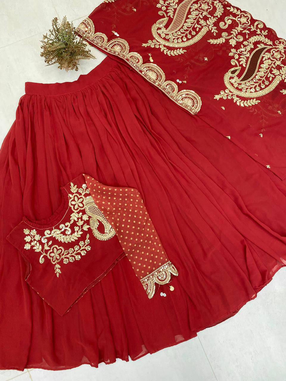 Red Georgette Sequin Lehenga Choli, view 4