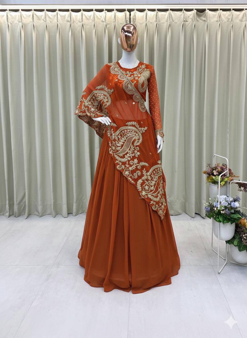 Rust Orange Georgette Sequin Lehenga Choli, view 2