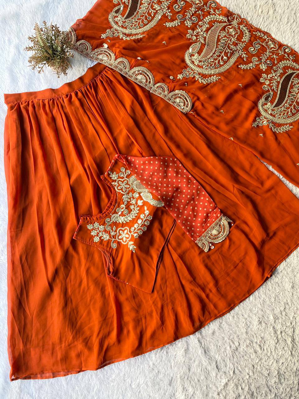 Rust Orange Georgette Sequin Lehenga Choli, view 3