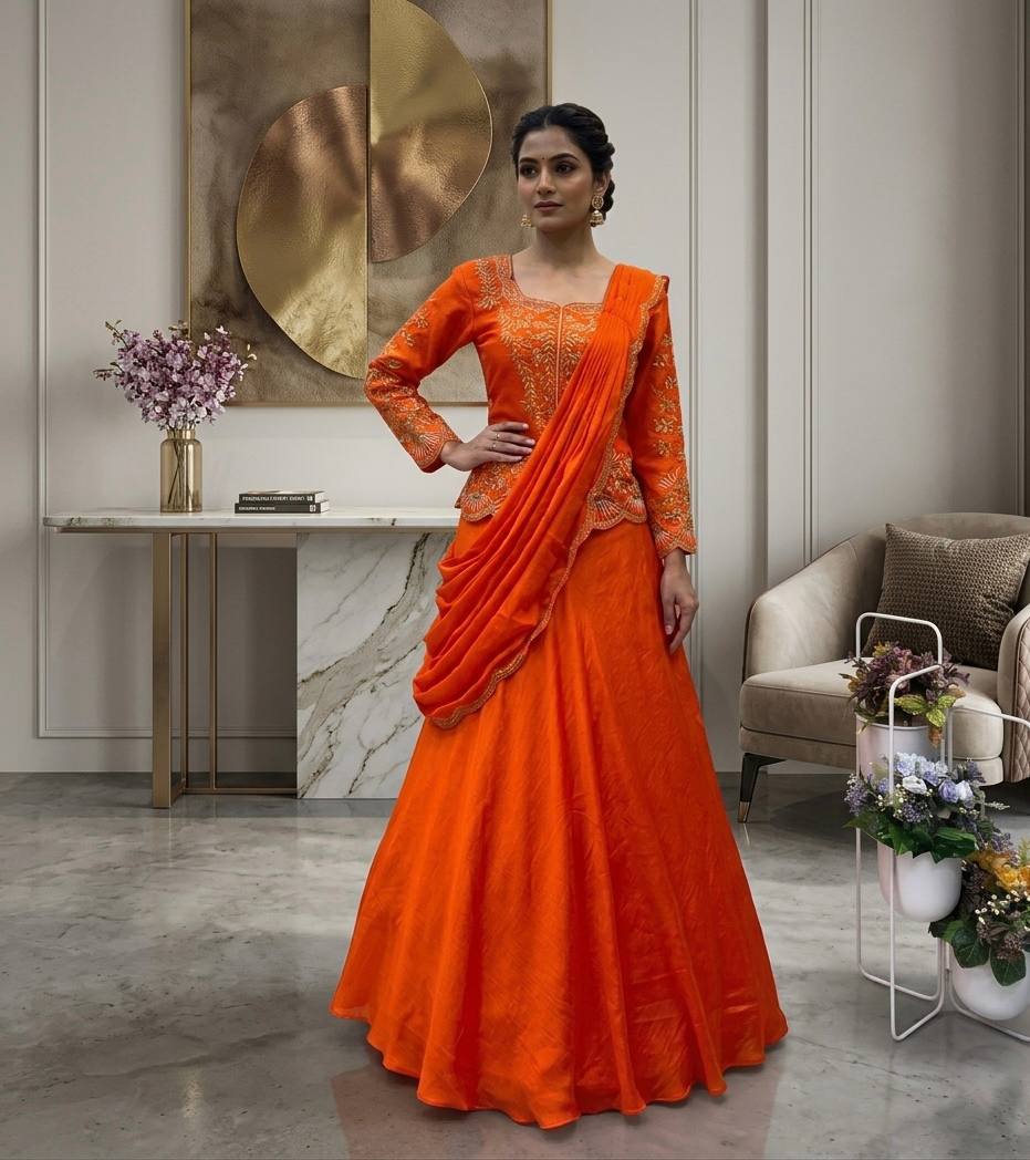Orange Chinon Mirror Work Lehenga Saree
