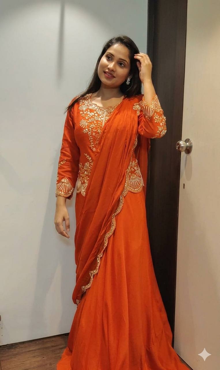 Orange Chinon Mirror Work Lehenga Saree, view 2