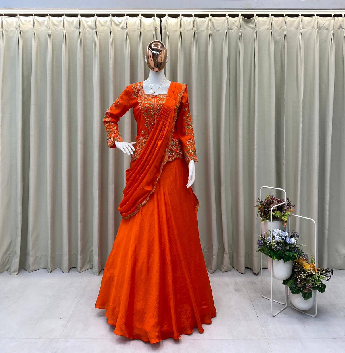 Orange Chinon Mirror Work Lehenga Saree, view 3