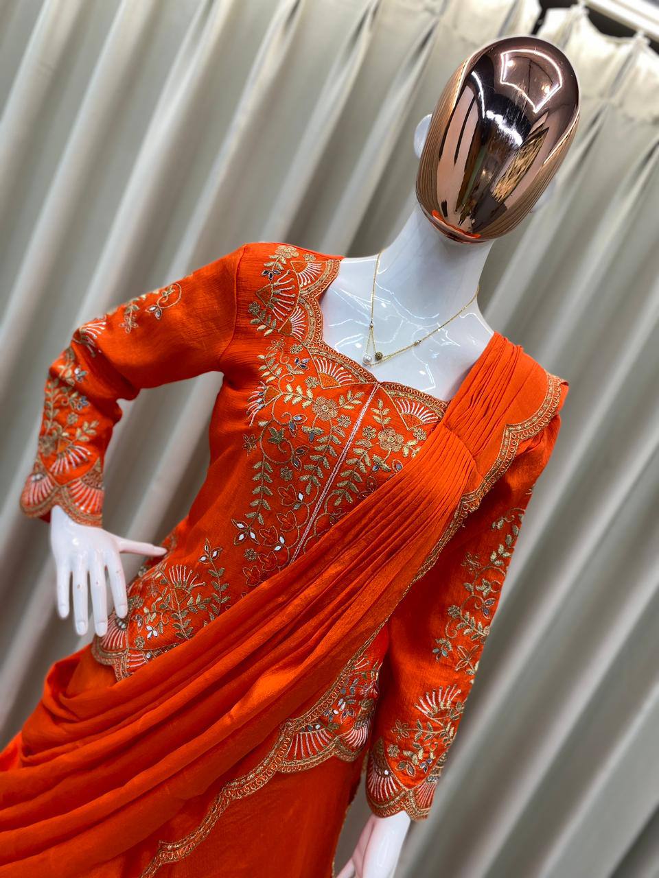 Orange Chinon Mirror Work Lehenga Saree, view 4