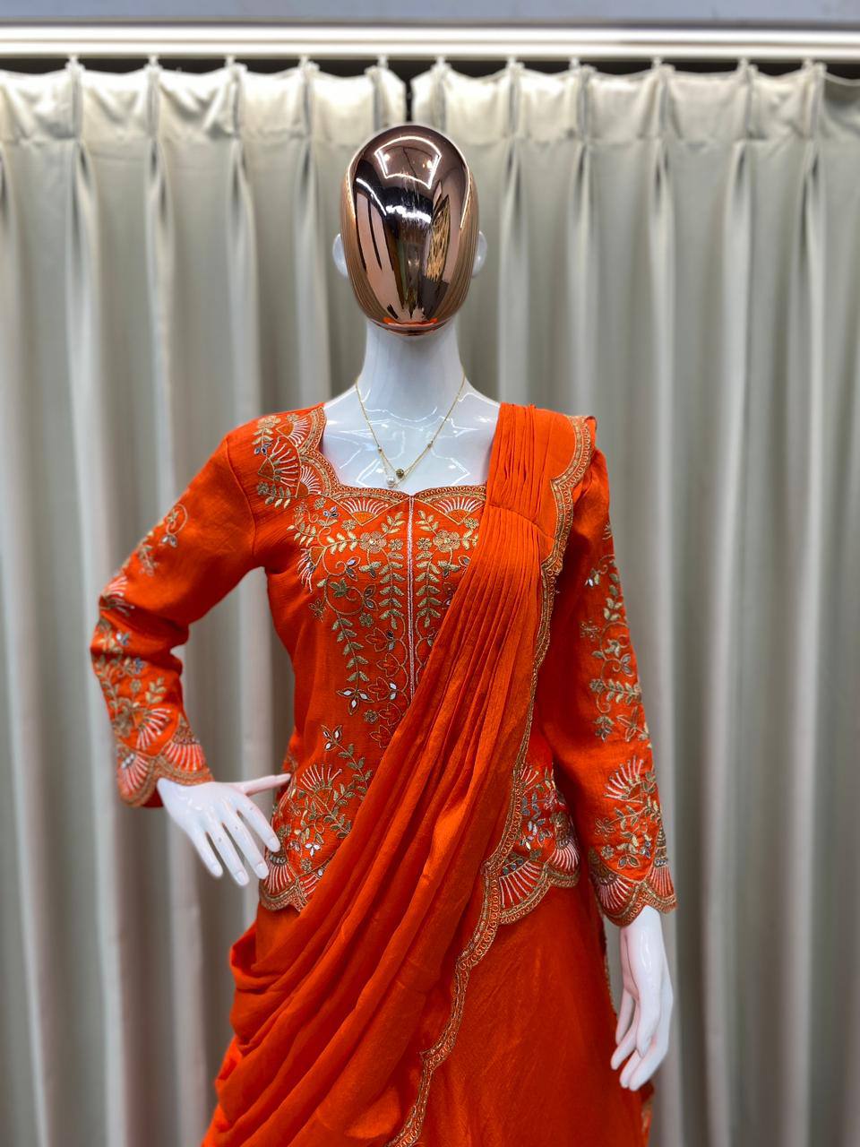 Orange Chinon Mirror Work Lehenga Saree, view 5