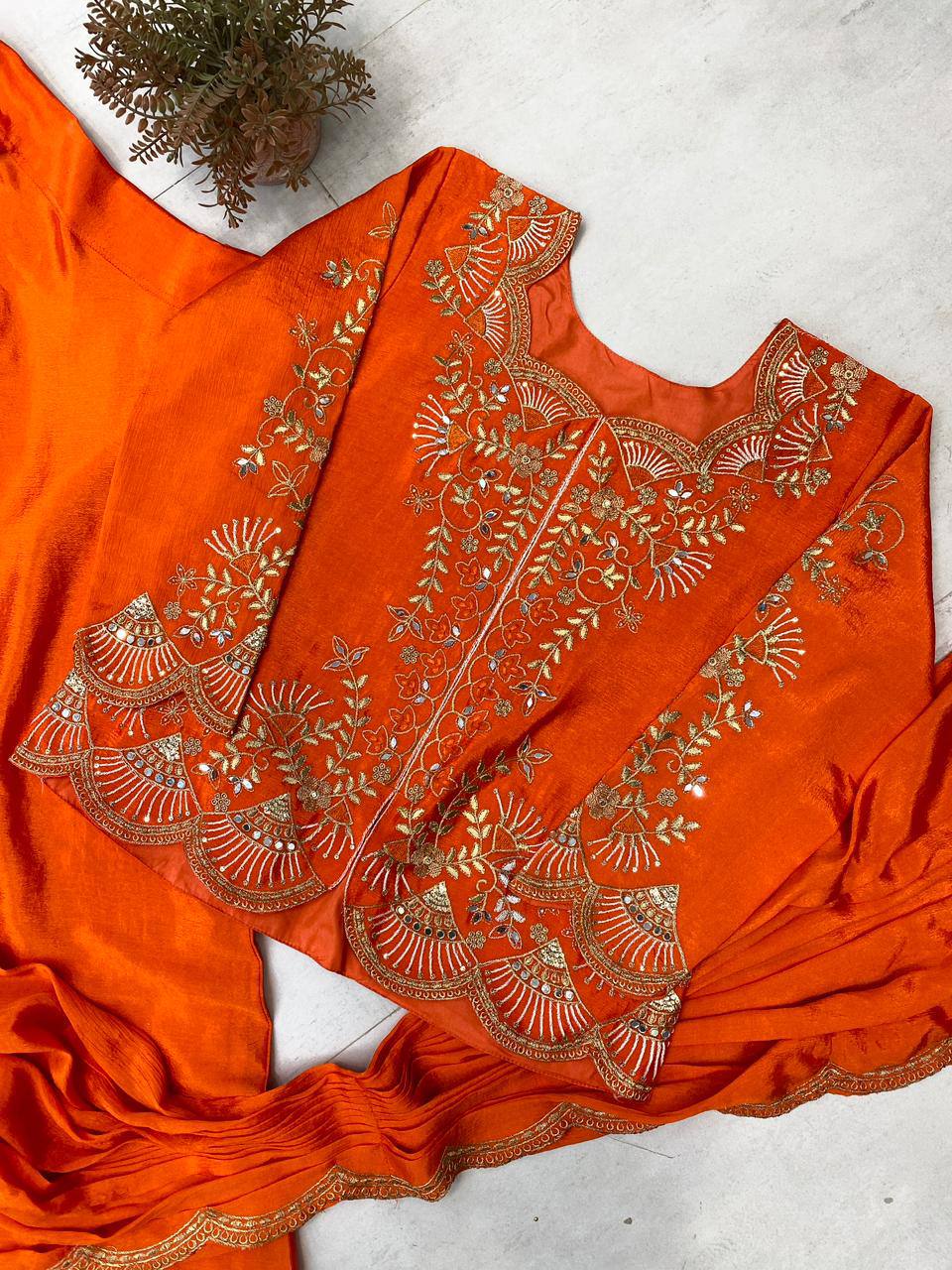 Orange Chinon Mirror Work Lehenga Saree, view 6