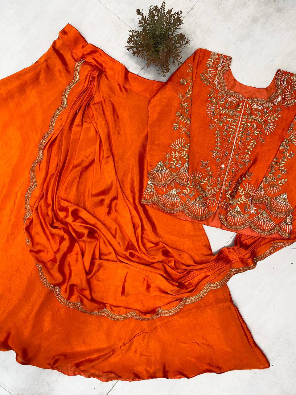 Orange Chinon Mirror Work Lehenga Saree, view 7