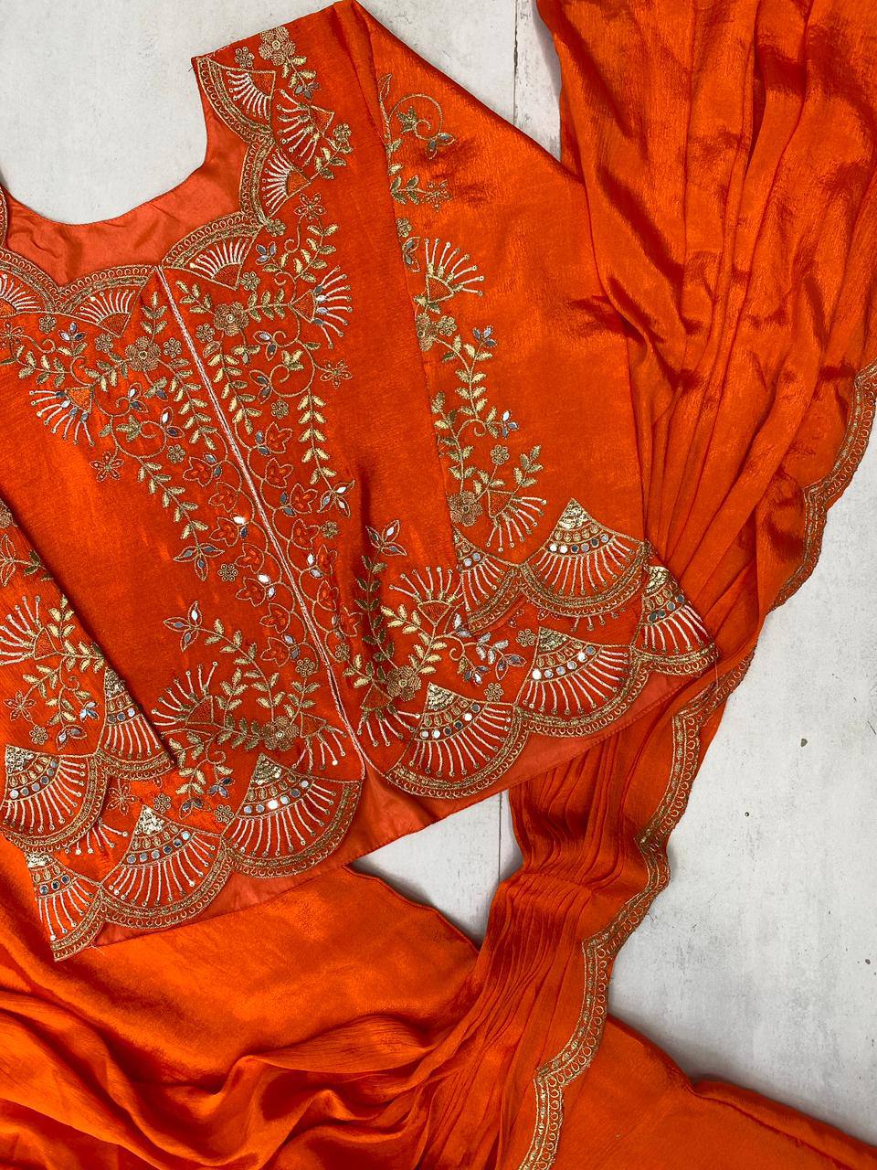 Orange Chinon Mirror Work Lehenga Saree, view 8
