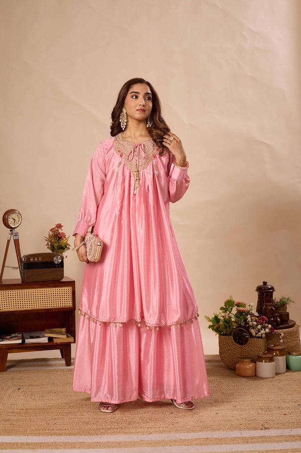 Baby Pink Chinon Sequin Sharara Set