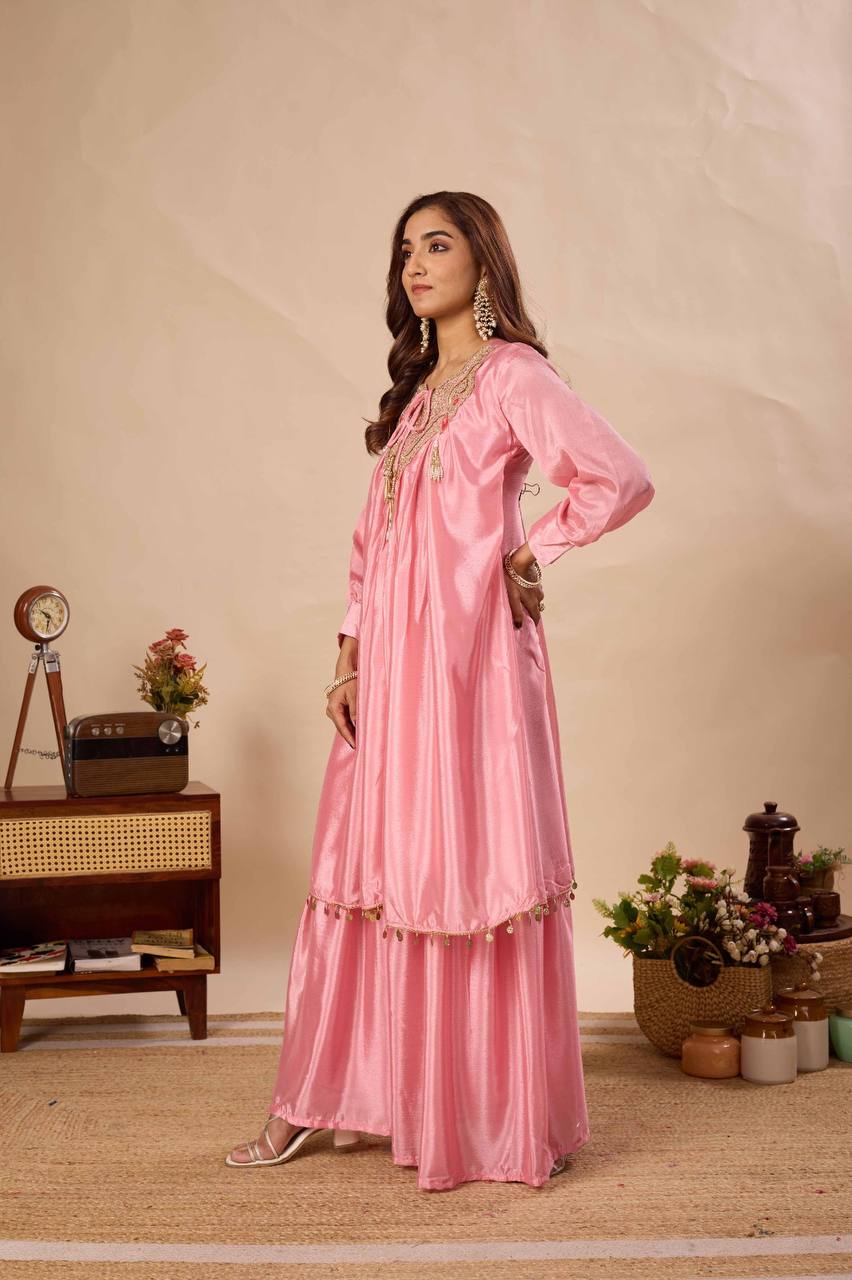 Baby Pink Chinon Sequin Sharara Set, view 4