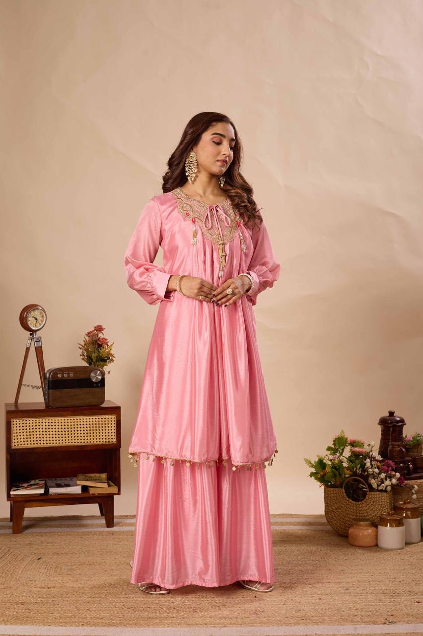 Baby Pink Chinon Sequin Sharara Set, view 5