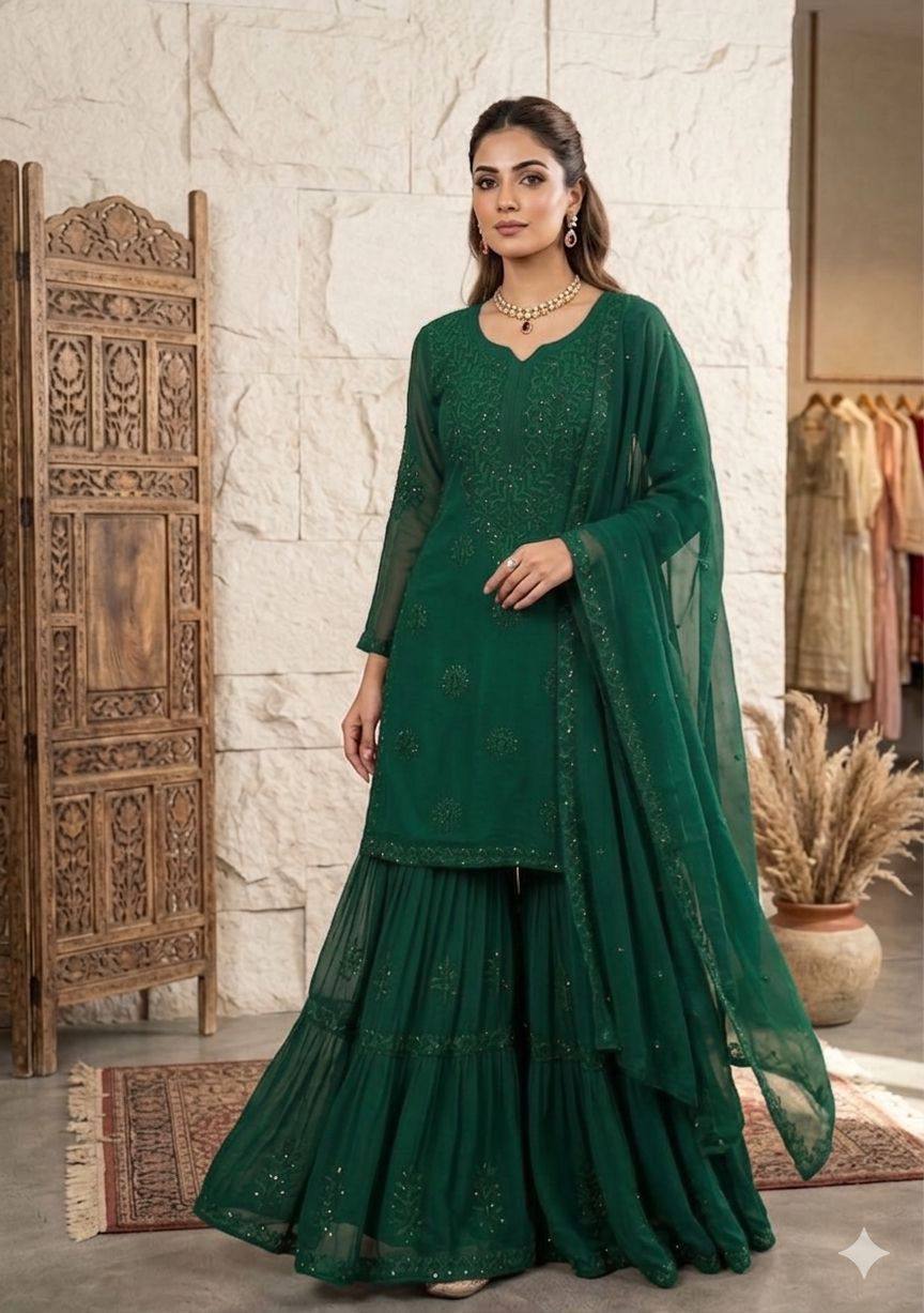 Bottle Green Georgette Sequin Sharara Set
