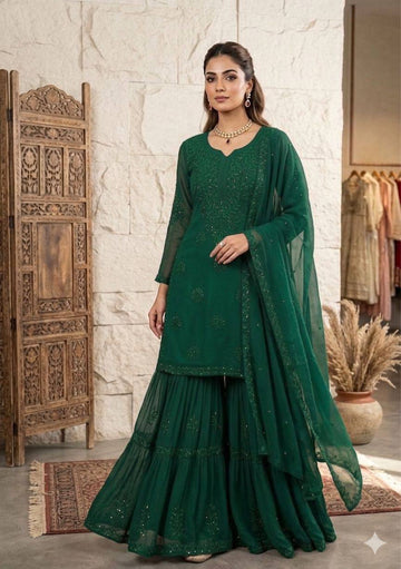 Bottle Green Georgette Sequin Sharara Set