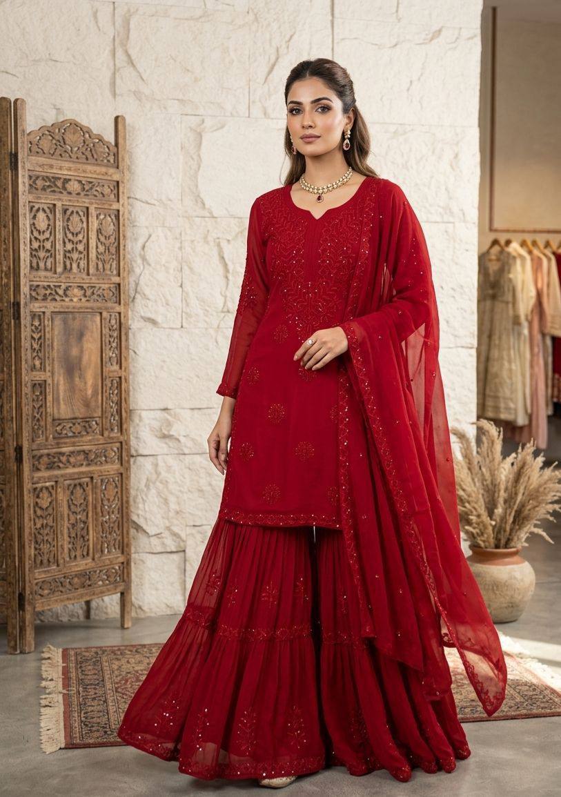 Red Georgette Sequin Sharara Set