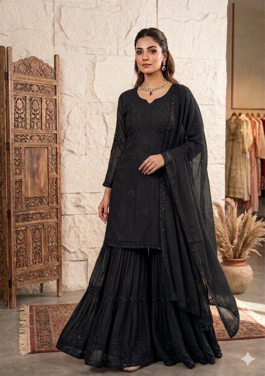 Black Georgette Sequin Sharara Set