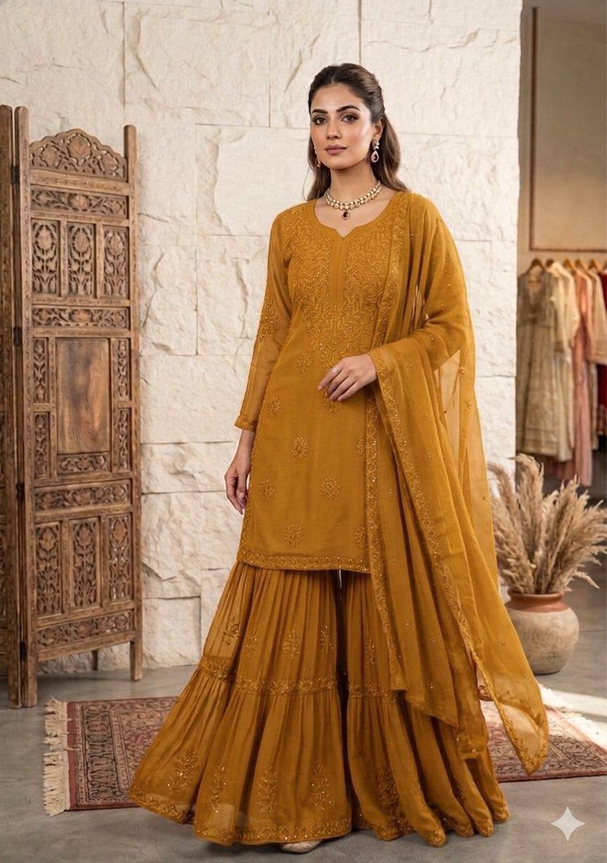 Mustard Georgette Sequin Sharara Set