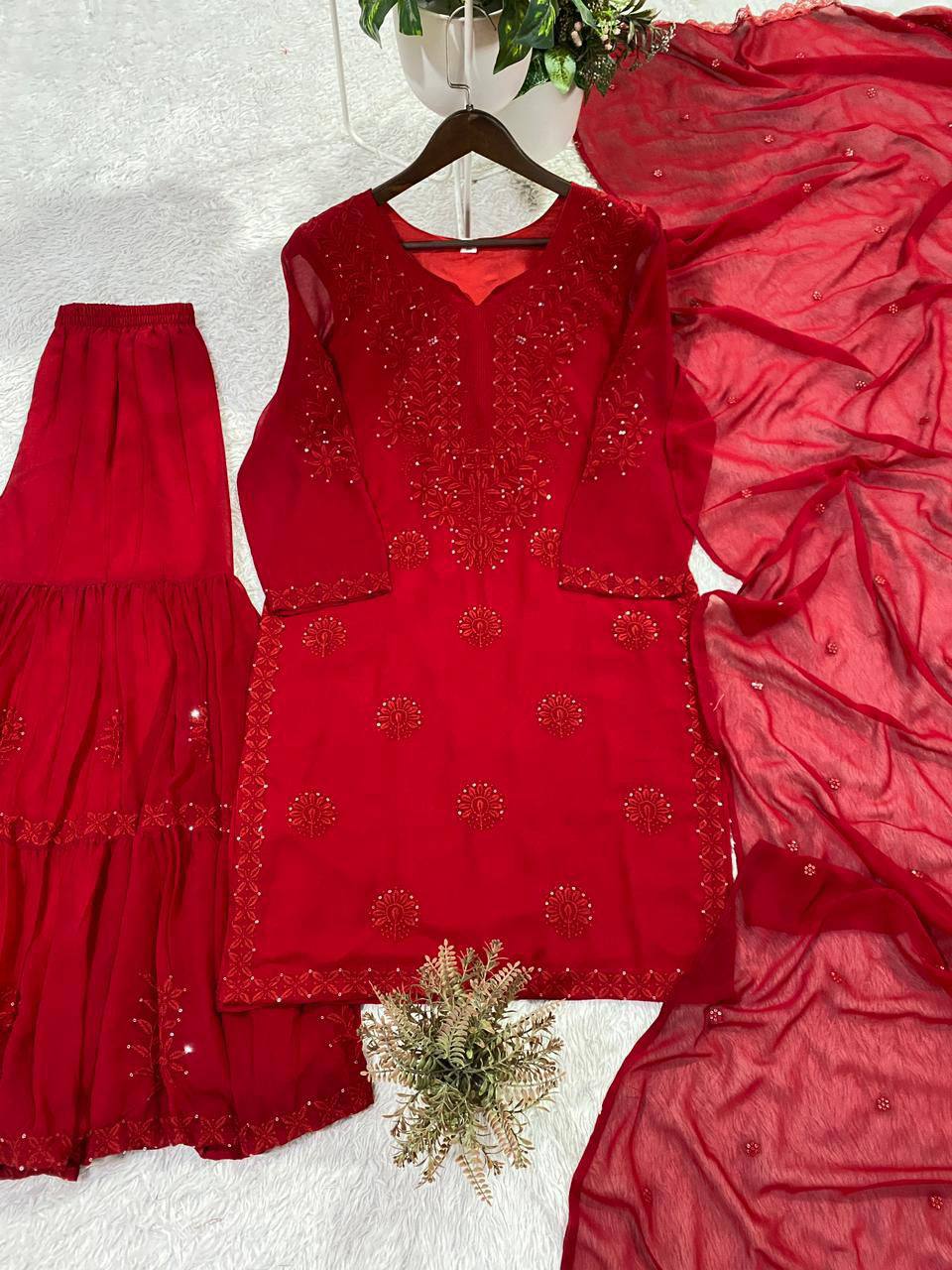 Red Georgette Sequin Sharara Set, view 2