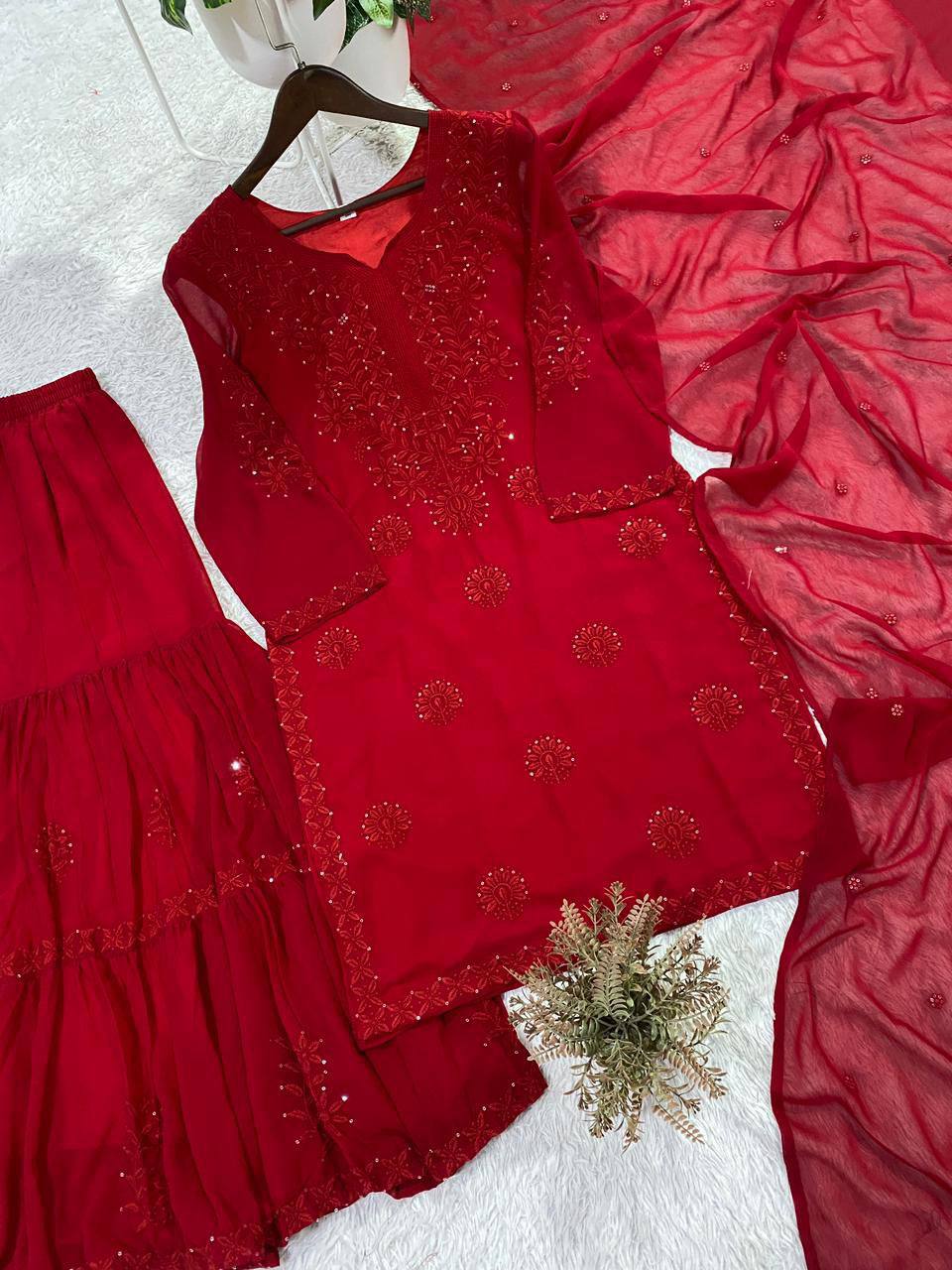 Red Georgette Sequin Sharara Set, view 4