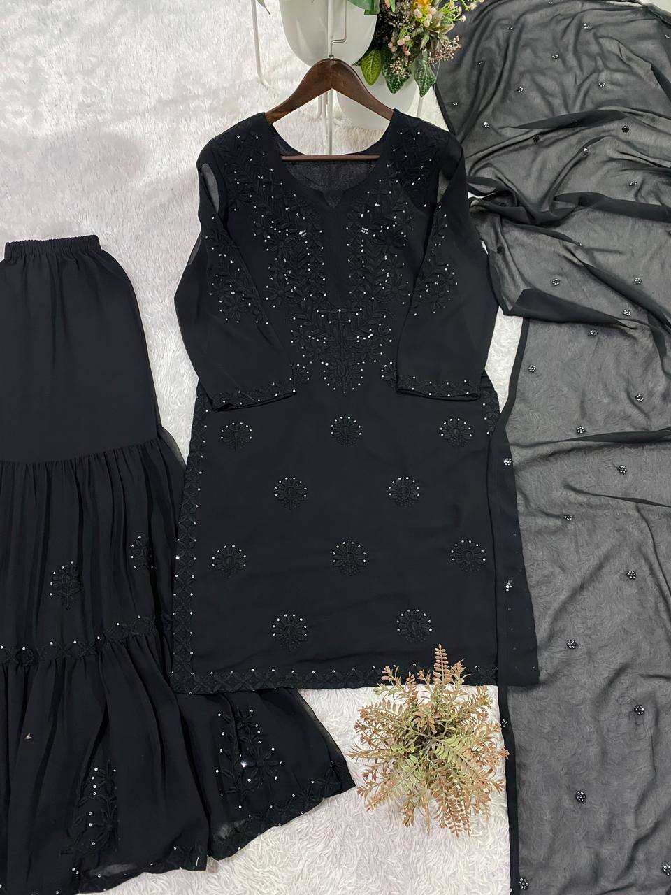 Black Georgette Sequin Sharara Set, view 2