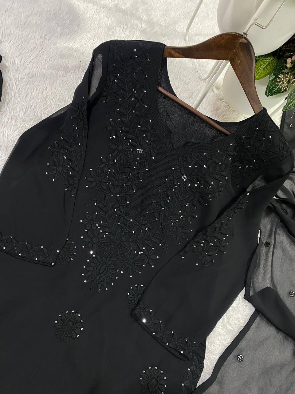 Black Georgette Sequin Sharara Set, view 3