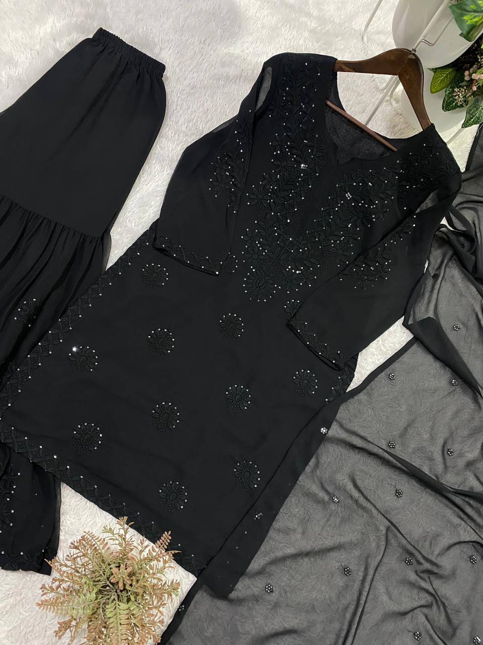Black Georgette Sequin Sharara Set, view 4