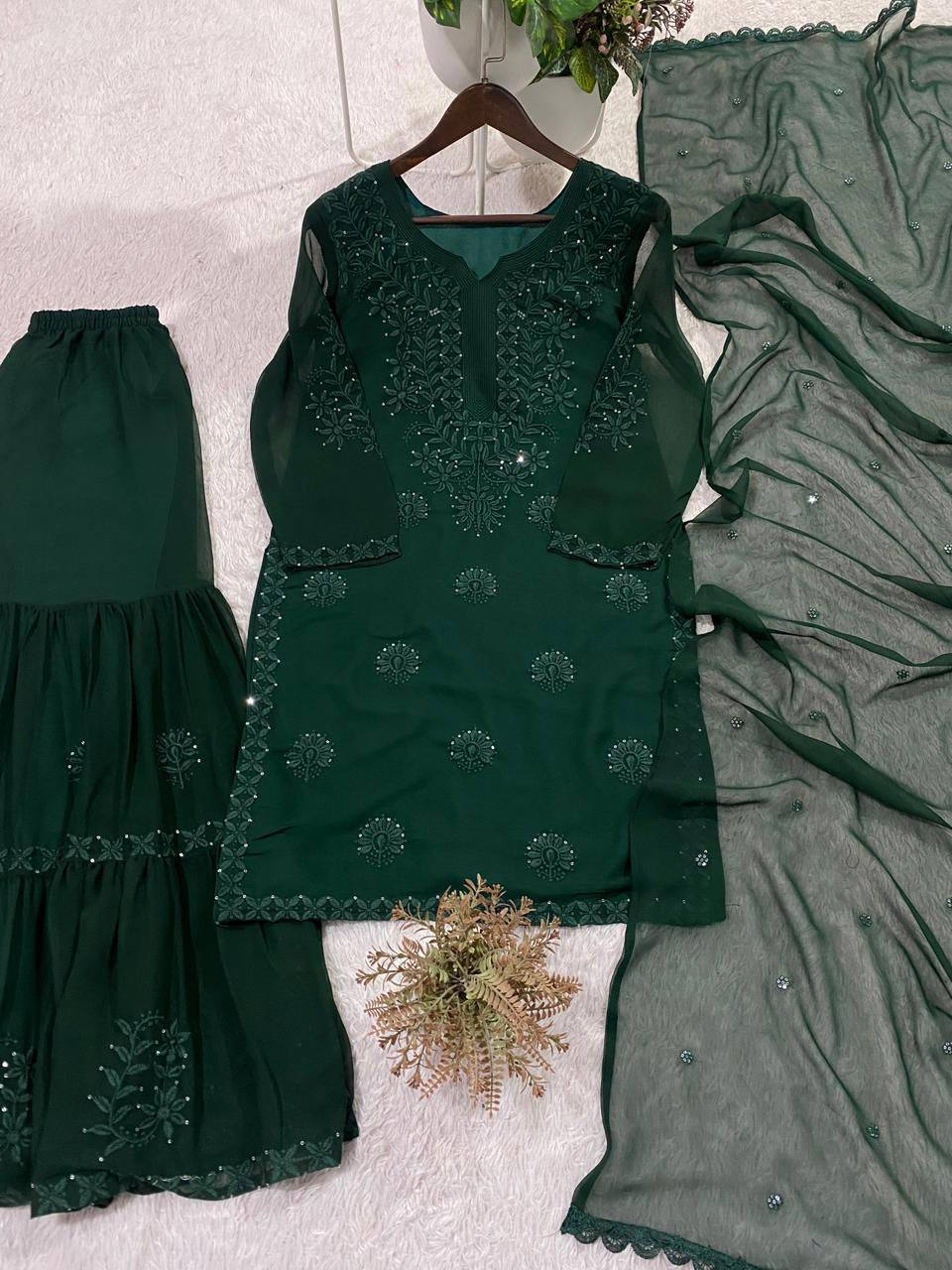Bottle Green Georgette Sequin Sharara Set, view 2
