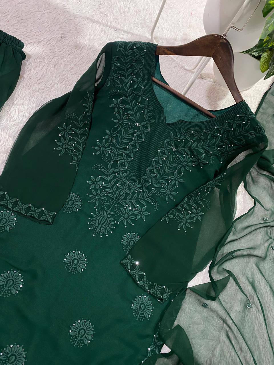 Bottle Green Georgette Sequin Sharara Set, view 3
