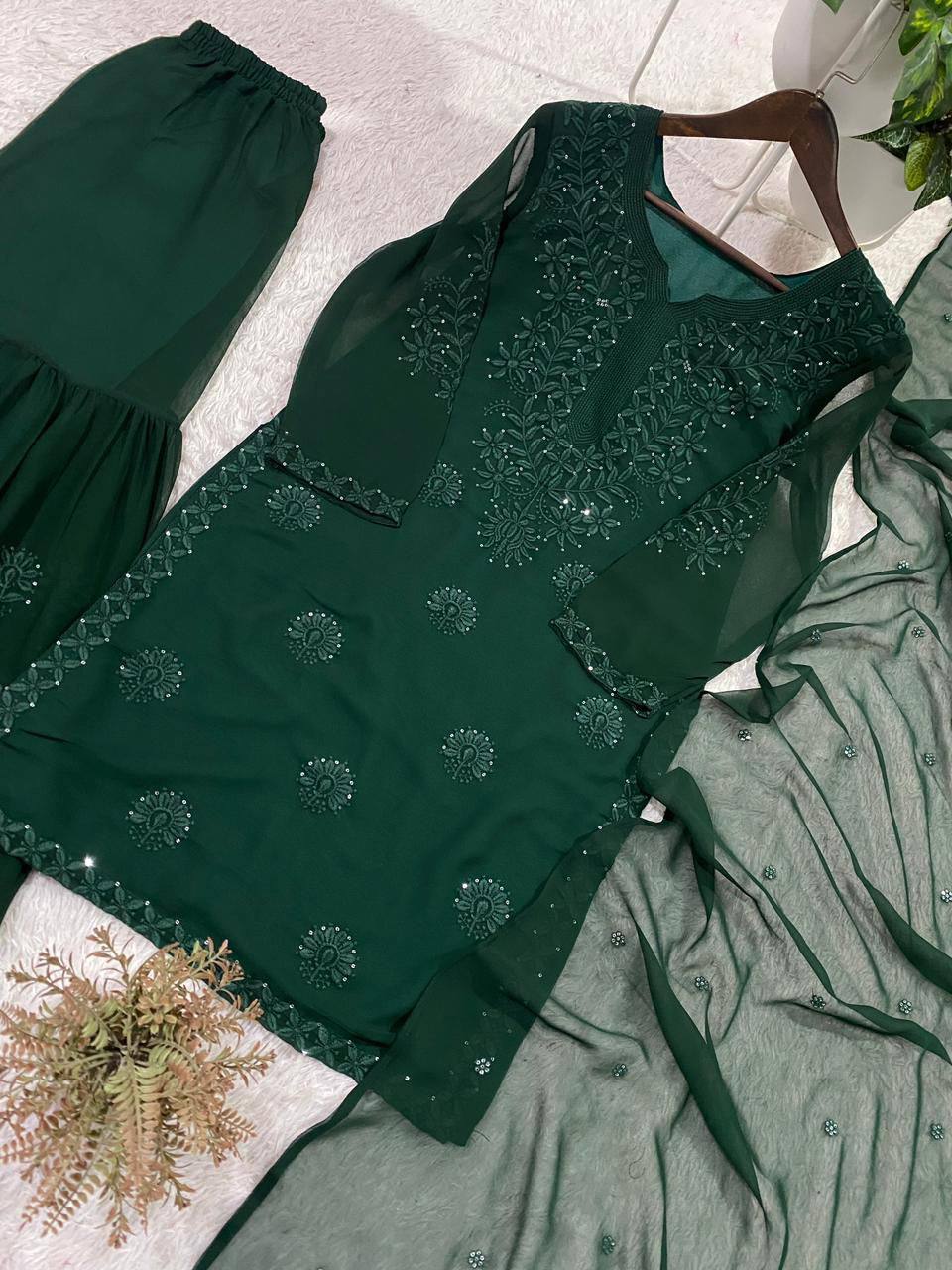 Bottle Green Georgette Sequin Sharara Set, view 4
