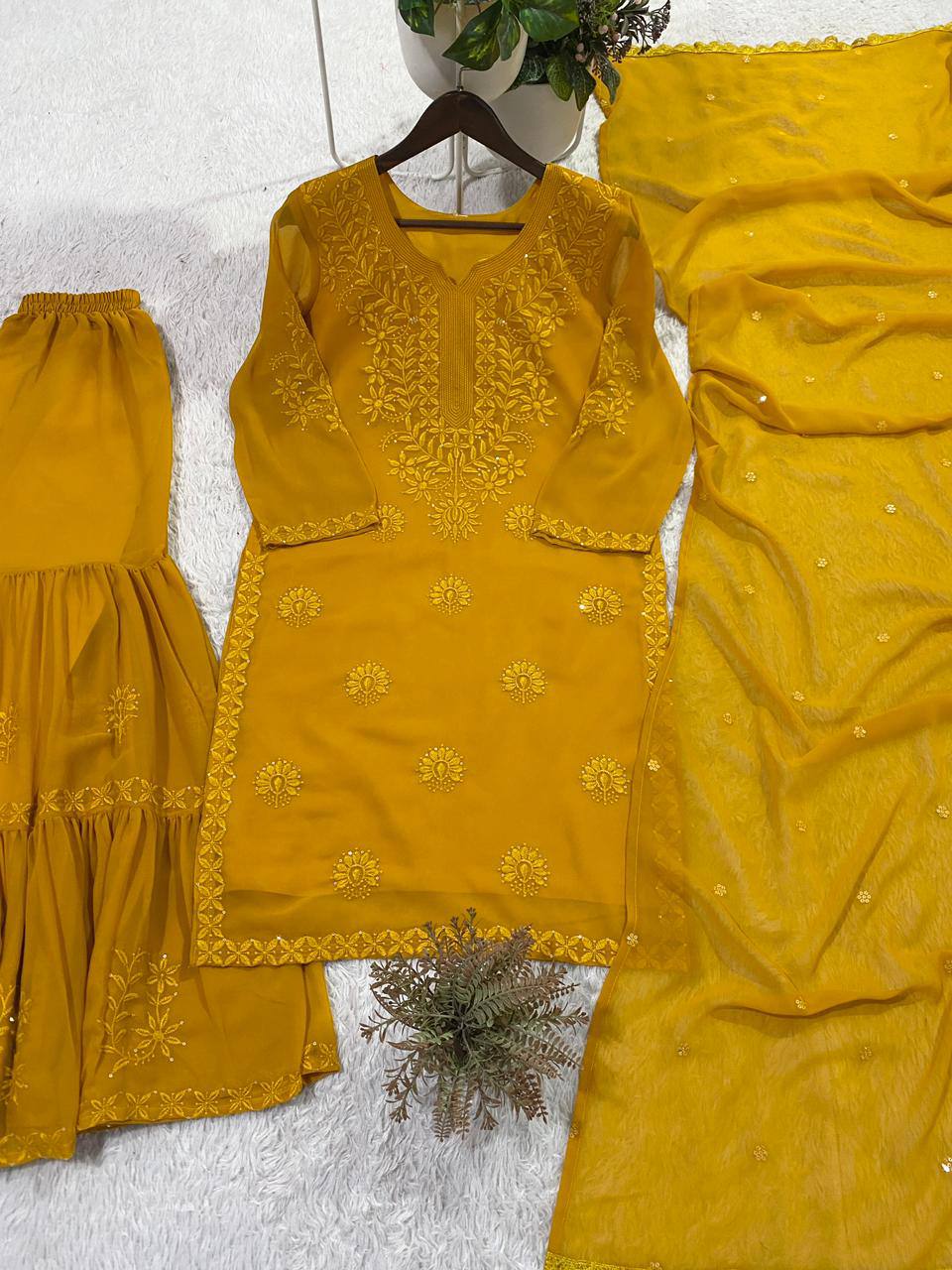 Mustard Georgette Sequin Sharara Set, view 2
