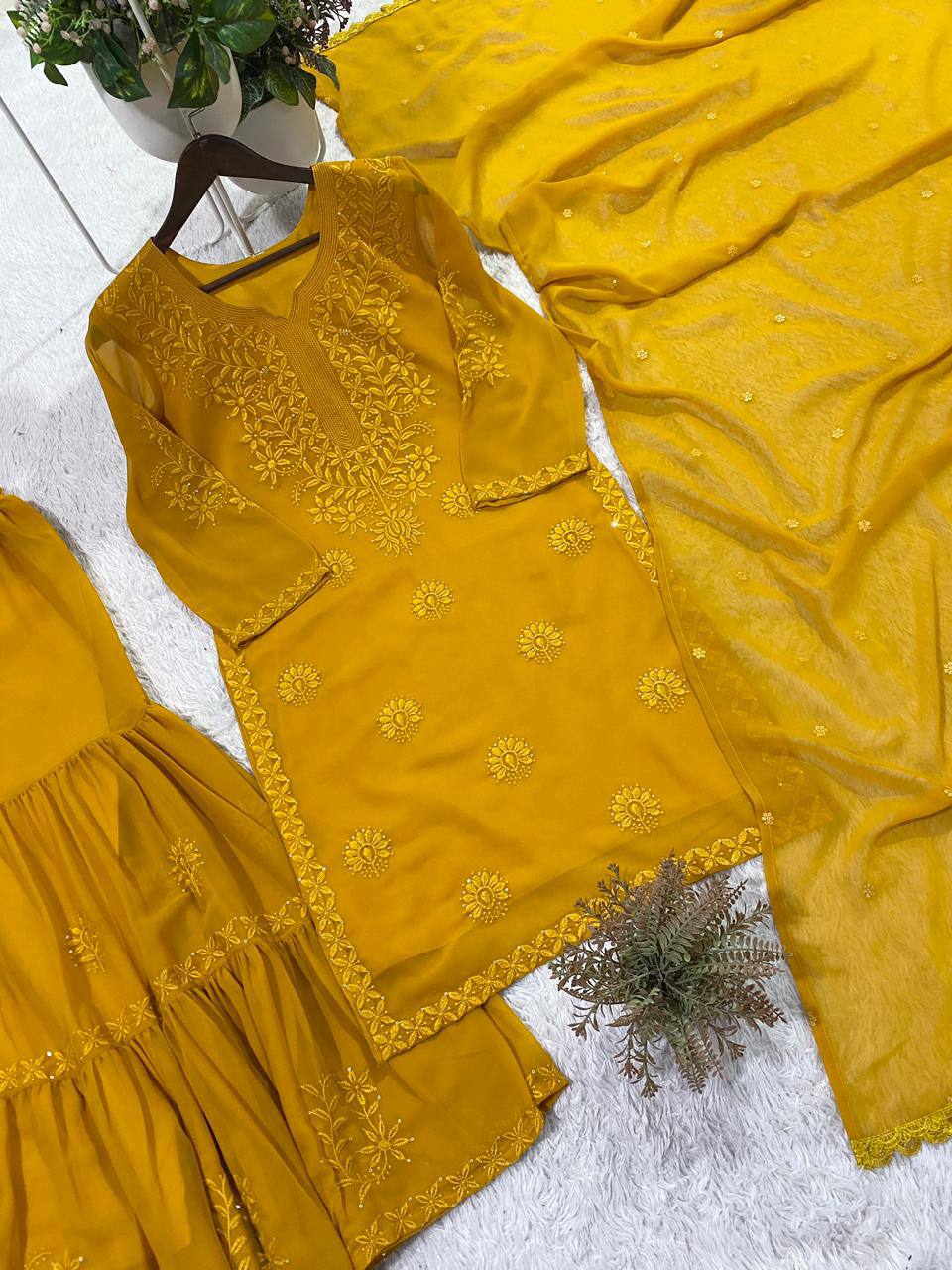 Mustard Georgette Sequin Sharara Set, view 3