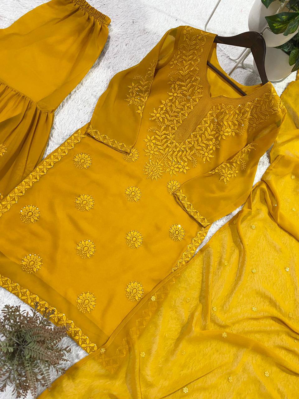 Mustard Georgette Sequin Sharara Set, view 4