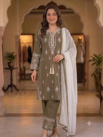 Olive Grey Rayon Mirror Work Kurta Palazzo Set