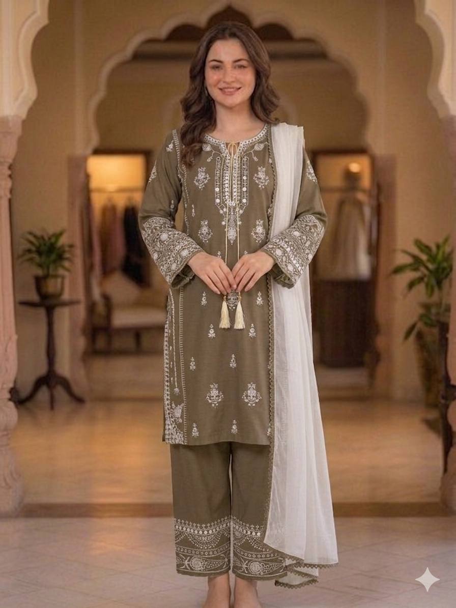 Olive Grey Rayon Mirror Work Kurta Palazzo Set, view 2