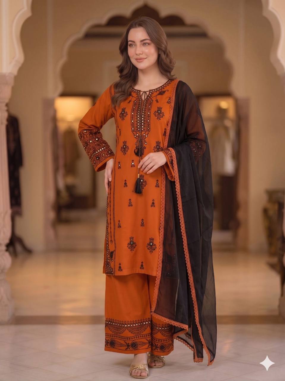 Orange Rayon Mirror Work Kurta Palazzo Set, view 2