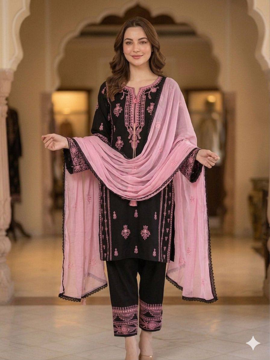 Black and Pink Rayon Mirror Work Kurta Palazzo Set