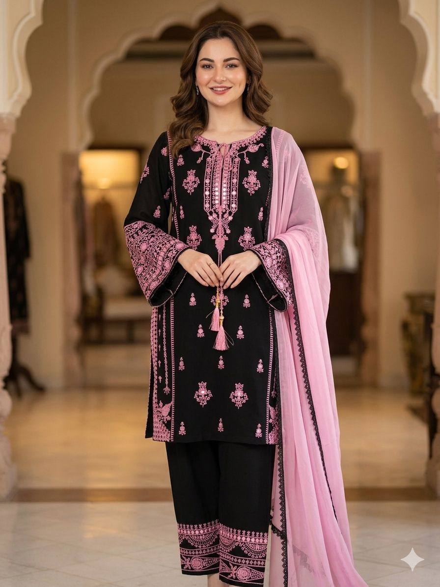 Black and Pink Rayon Mirror Work Kurta Palazzo Set, view 2