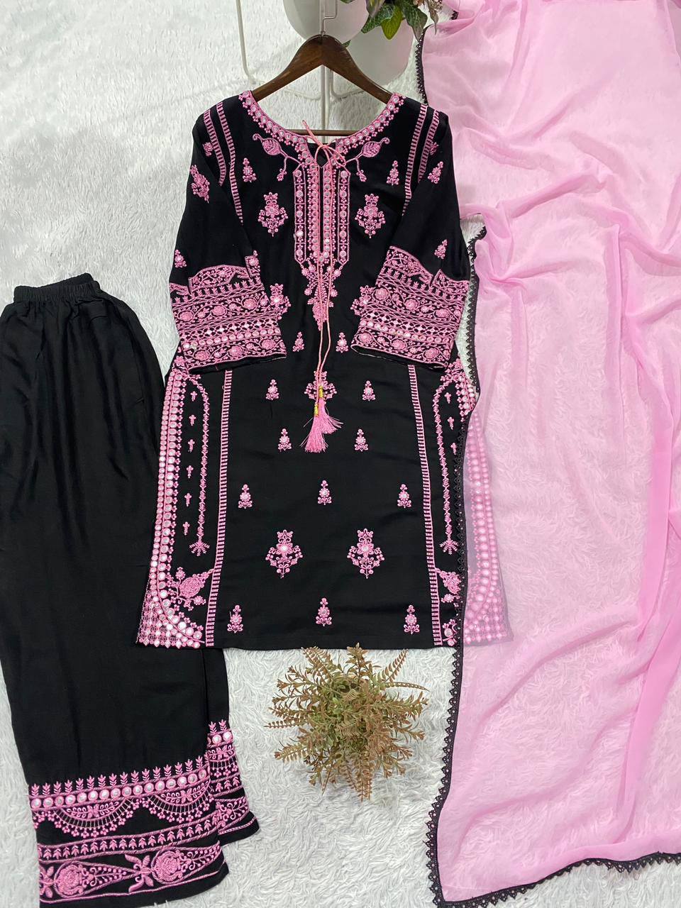 Black and Pink Rayon Mirror Work Kurta Palazzo Set, view 3