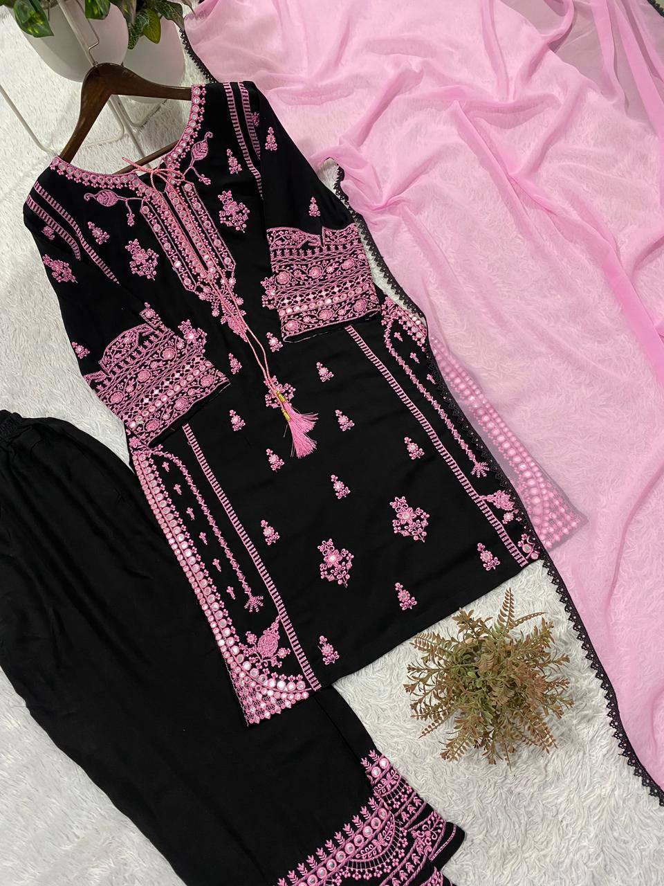 Black and Pink Rayon Mirror Work Kurta Palazzo Set, view 4