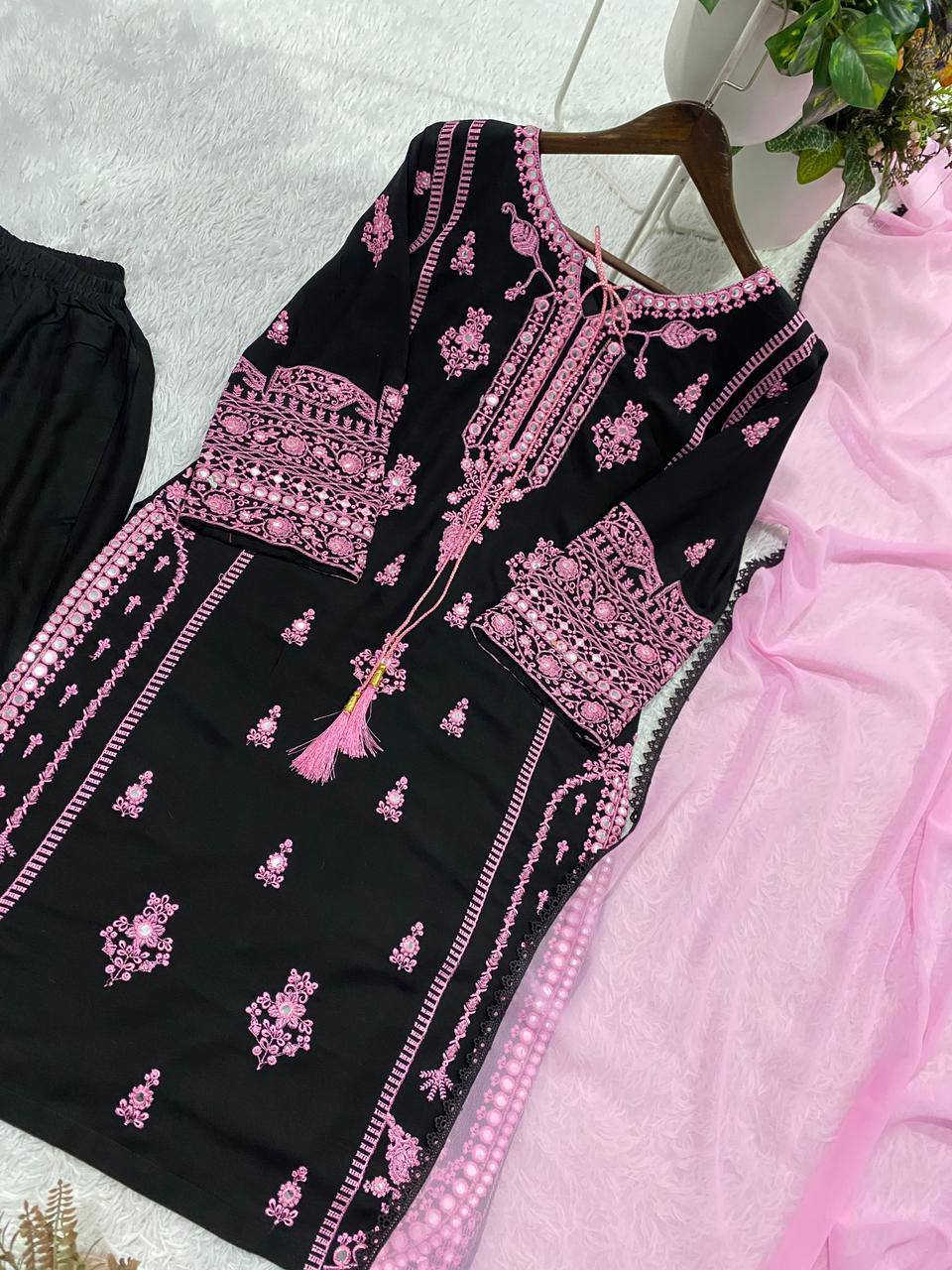 Black and Pink Rayon Mirror Work Kurta Palazzo Set, view 5