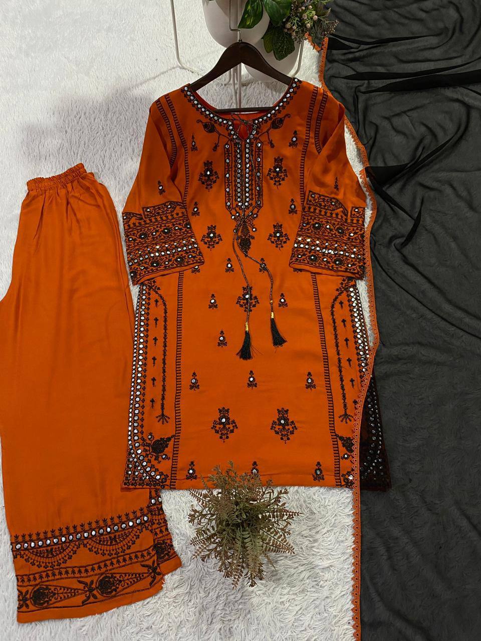 Orange Rayon Mirror Work Kurta Palazzo Set, view 3
