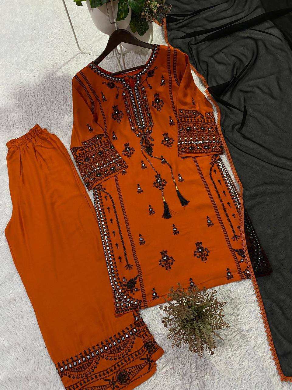 Orange Rayon Mirror Work Kurta Palazzo Set, view 4