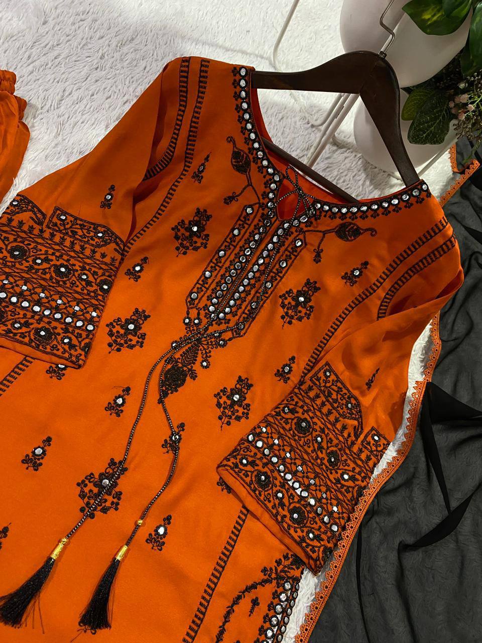 Orange Rayon Mirror Work Kurta Palazzo Set, view 5