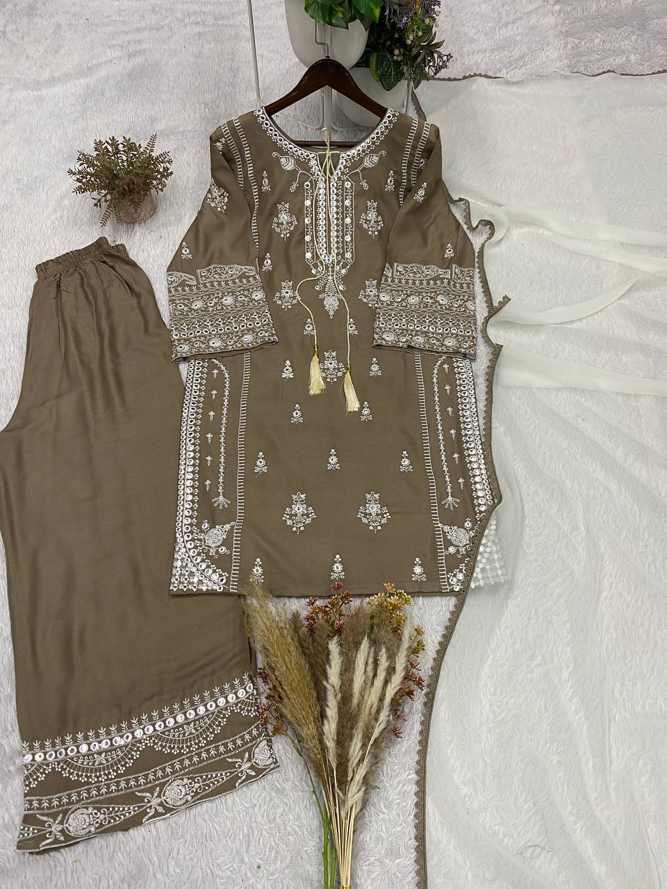 Olive Grey Rayon Mirror Work Kurta Palazzo Set, view 3