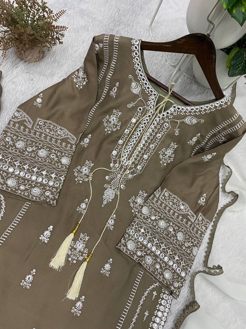 Olive Grey Rayon Mirror Work Kurta Palazzo Set, view 4