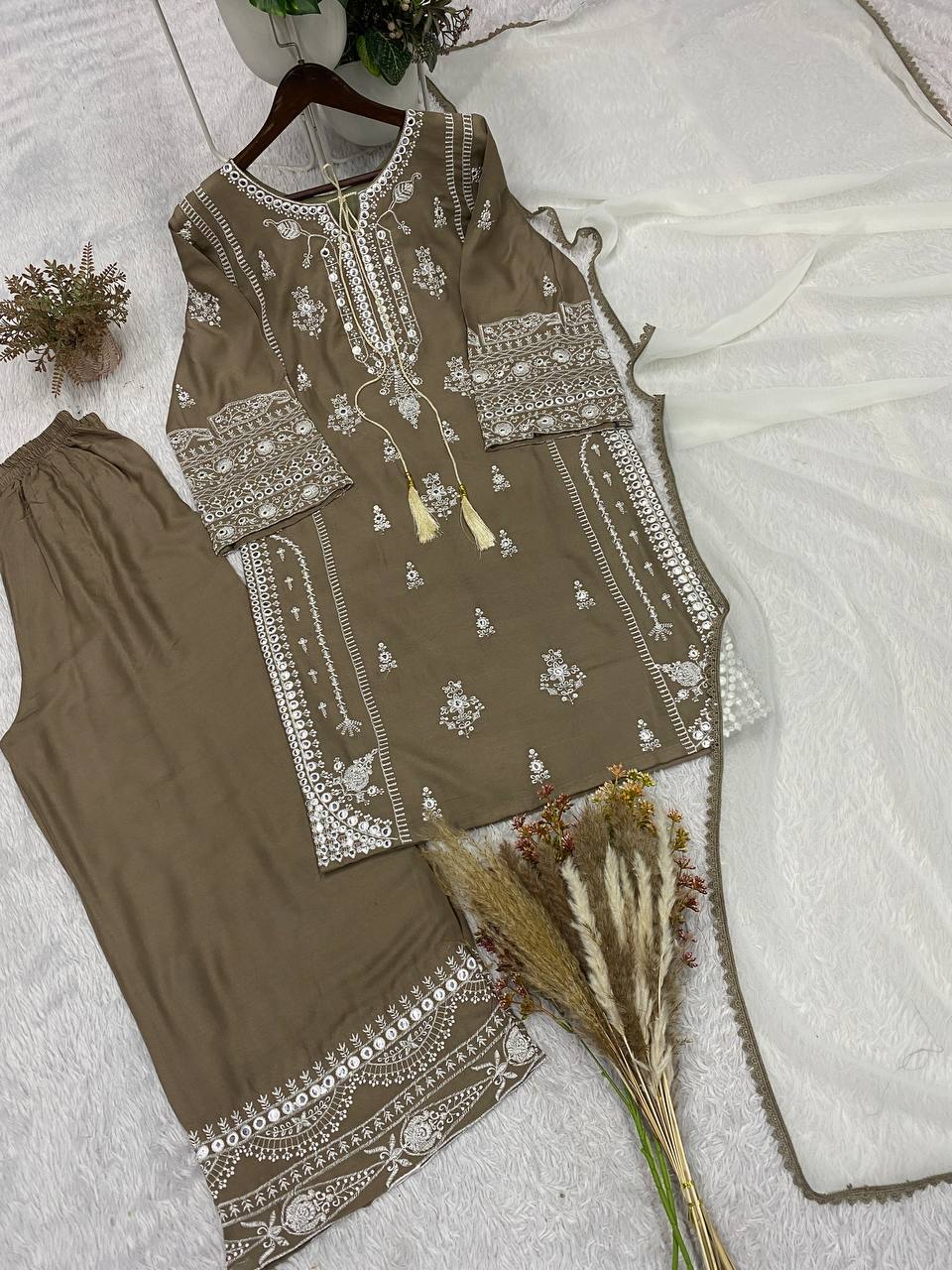 Olive Grey Rayon Mirror Work Kurta Palazzo Set, view 5