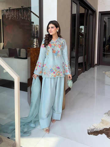 Sky Blue Crepe Silk Sequin Kurta Salwar Set
