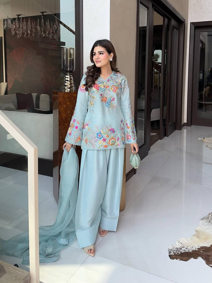Sky Blue Crepe Silk Sequin Kurta Salwar Set