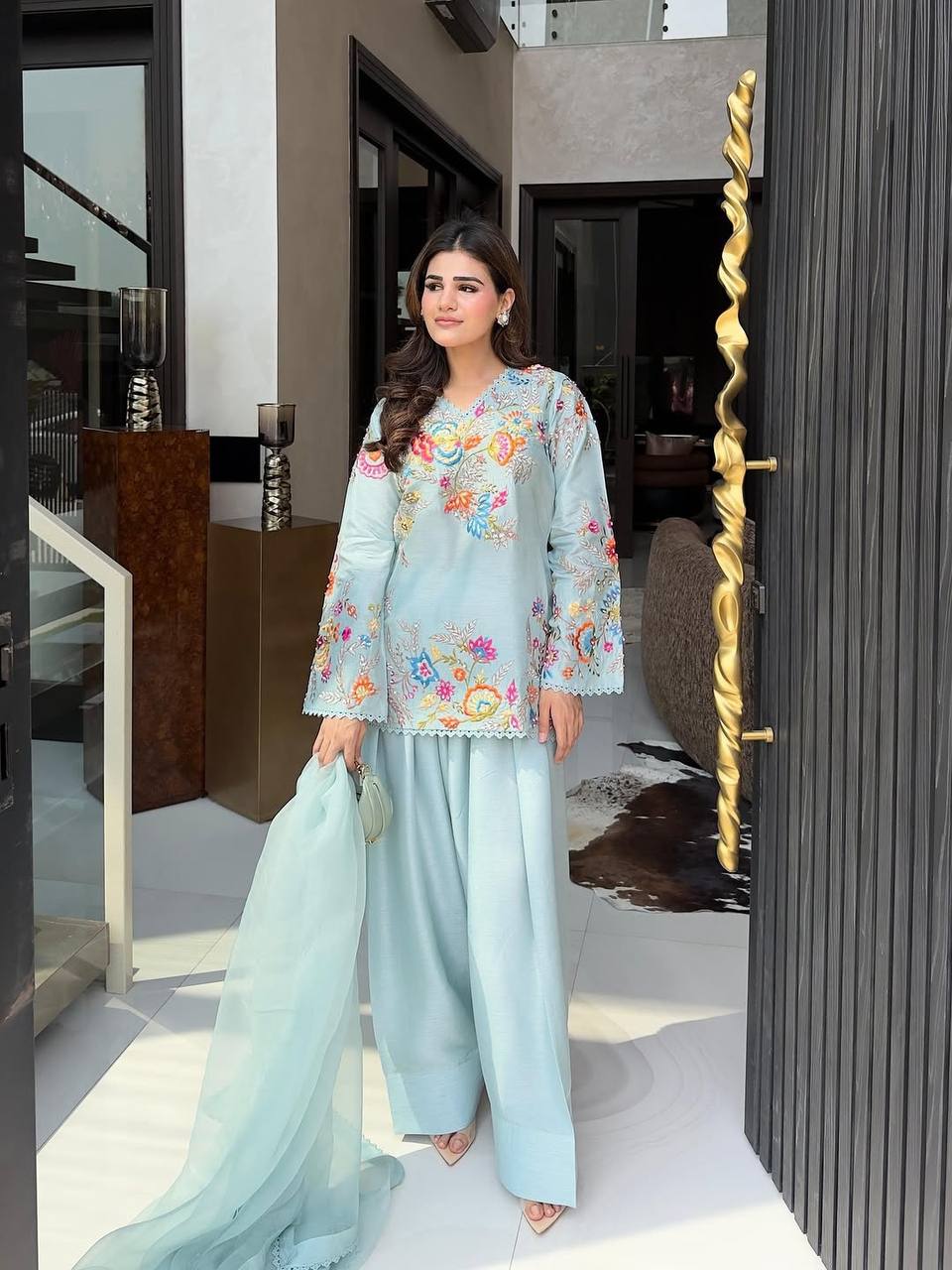 Sky Blue Crepe Silk Sequin Kurta Salwar Set, view 3