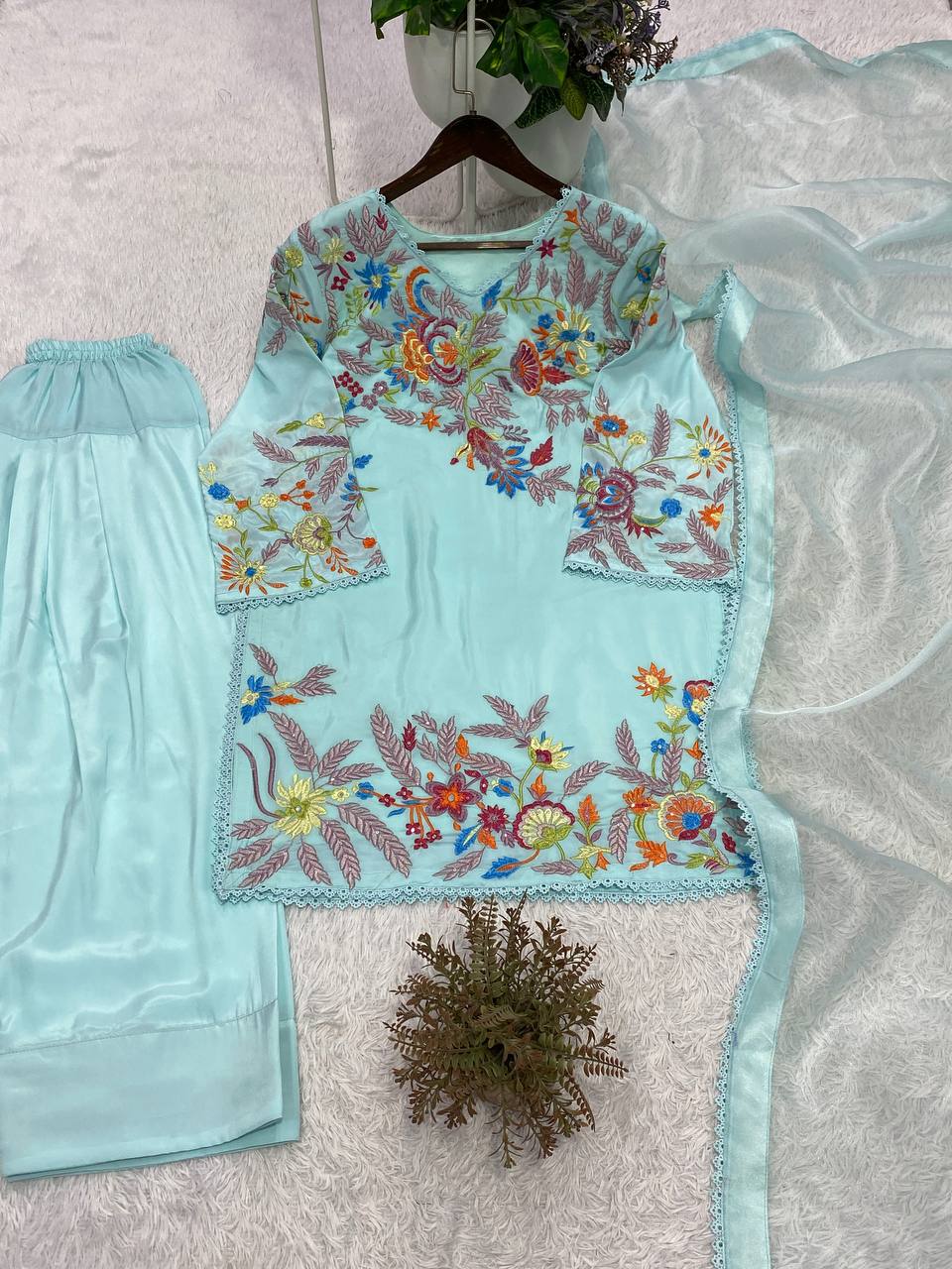 Sky Blue Crepe Silk Sequin Kurta Salwar Set, view 4