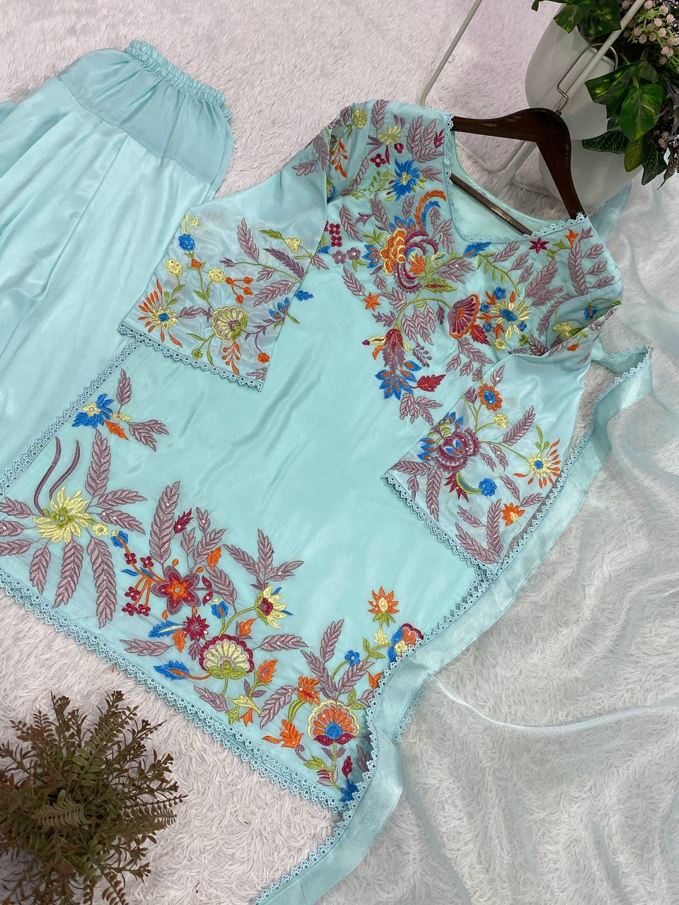 Sky Blue Crepe Silk Sequin Kurta Salwar Set, view 5