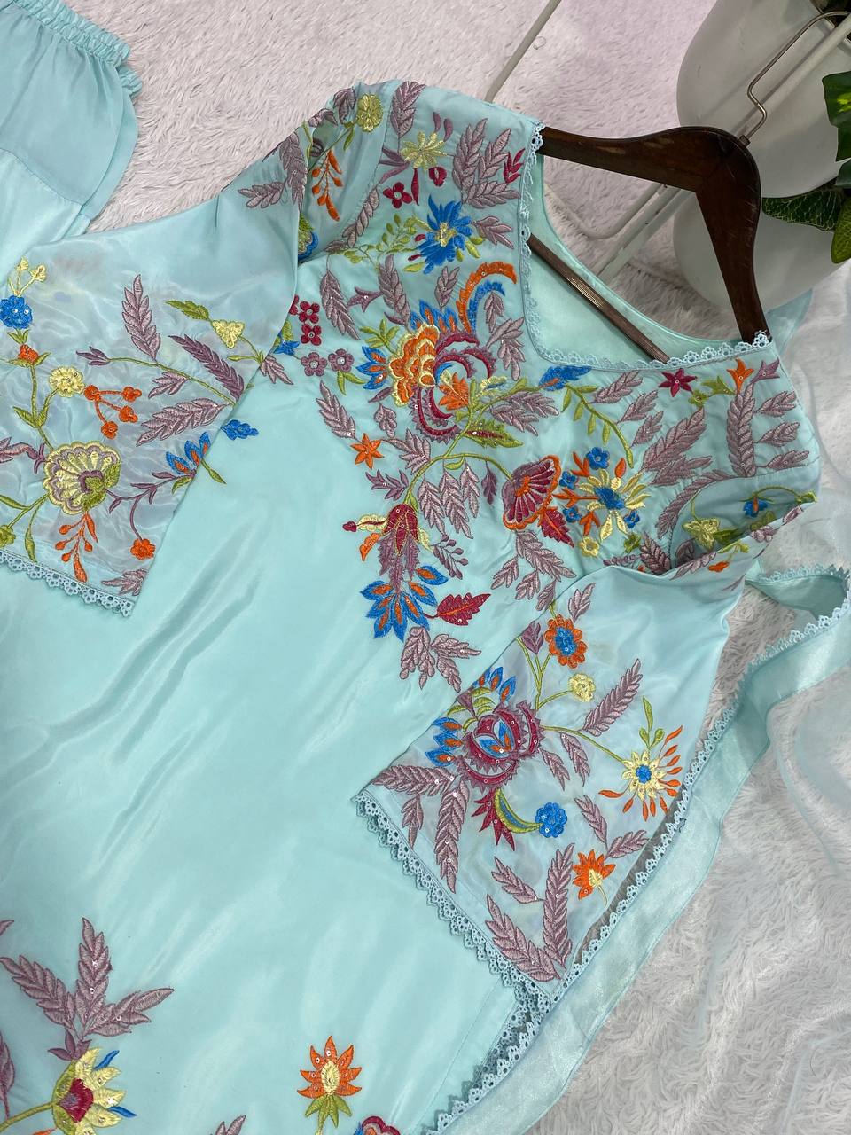Sky Blue Crepe Silk Sequin Kurta Salwar Set, view 6
